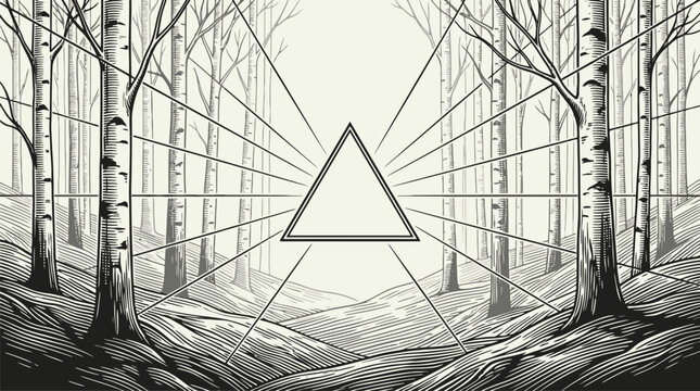 Geometric Triangle Portal in Monochrome Forest Vector Illustration.