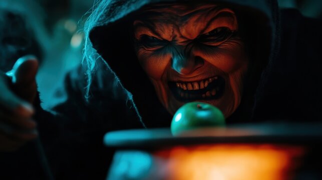 A sinister hooded figure menaces a glowing green apple, illuminated by a flickering light in a dark, eerie setting.