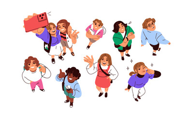 Fototapeta premium Top down view, happy students looking up. Smiling people from above, overhead, taking selfie on smartphone, waving, greeting with hand gesture. Flat vector illustrations isolated on white background