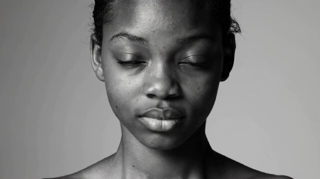 Holding gaze, woman exhibiting micro shifts in studio from breathing, bare shoulders, soft light