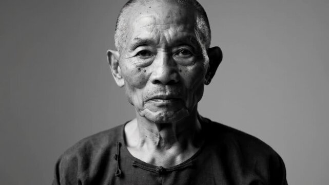 Camera recording starting, senior Asian man holding steady pose in studio portrait wearing dark top