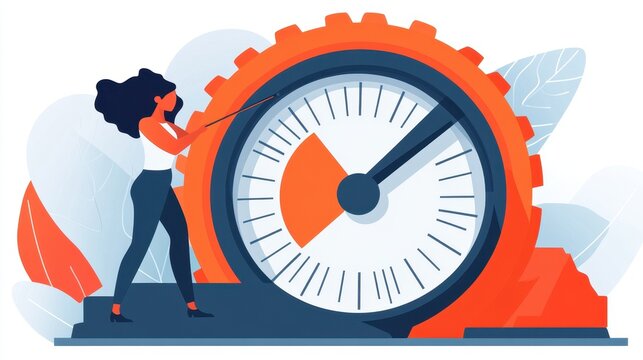 A woman points at an orange-framed speedometer, representing measurement and progress, against an abstract leaf-patterned background.