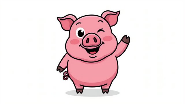 Waving cartoon pig character winking with happy expression, cute farm animal illustration