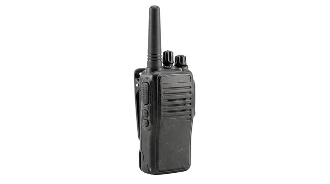 Black two way radio communication device with antenna.