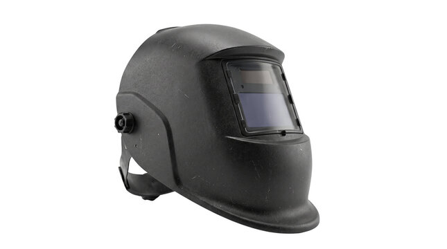 Black welding helmet with auto darkening filter isolated.
