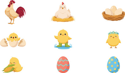 Obraz premium Cute Easter and Farm Chicken Vector Icon Set Featuring Roosters Hens Baby Chicks and Eggs for Festive Spring Holiday Graphic Designs and Illustrations