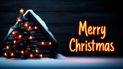 Fototapeta premium A snowy cabin with a glowing Christmas tree next to it, featuring a bright 