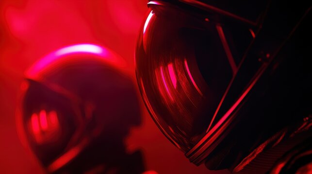 Two individuals in reflective helmets are illuminated by intense red light, creating a moody, futuristic atmosphere with a focus on the visor of the closest helmet.