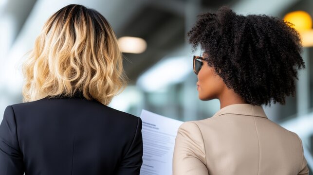 Two professional women in business attire are seen from behind, one holding a document as they engage in conversation indoors.