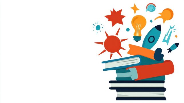A stack of books with creative symbols like a rocket, light bulb, and sun, symbolizing ideas, learning, and innovation.