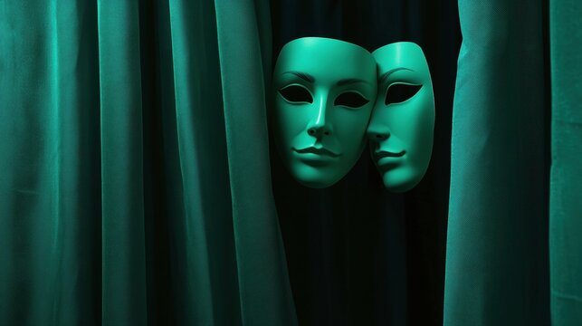 Two expressionless theatrical masks peer from behind green velvet curtains, creating an eerie and mysterious ambiance.