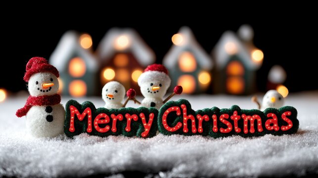 Four small snowmen encircle a "Merry Christmas" sign on the snow, with softly glowing miniature houses blurred in the dark background.