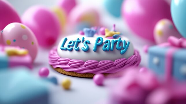A vibrant party scene featuring a cake that says "Let's Party," surrounded by colorful balloons, gift boxes, and festive decorations in pink, blue, and yellow.