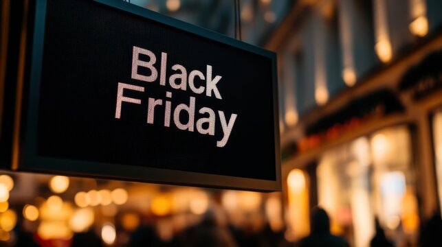 A "Black Friday" digital sign hangs in a bustling, warmly lit shopping area with blurred shoppers and storefronts in the background.