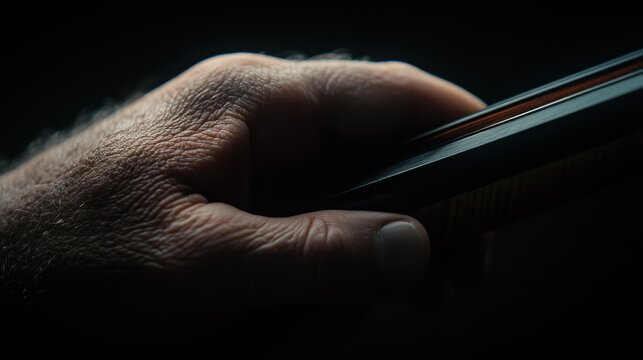 A close-up of a hand gripping a stringed instrument, showcasing the skin texture, wood grain, and strings in soft, dim light.