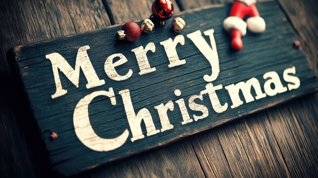 A rustic wooden sign reading "Merry Christmas" in white, adorned with red and gold ornaments, set on a wooden surface.