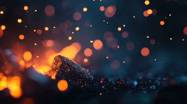 Close-up of glowing embers and sparks from hot coals in a dark setting, creating a warm, fiery atmosphere with bright orange and yellow hues.
