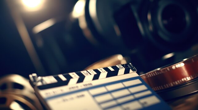 A close-up of film reels, a clapperboard, and a camera lens, capturing the essence of filmmaking.