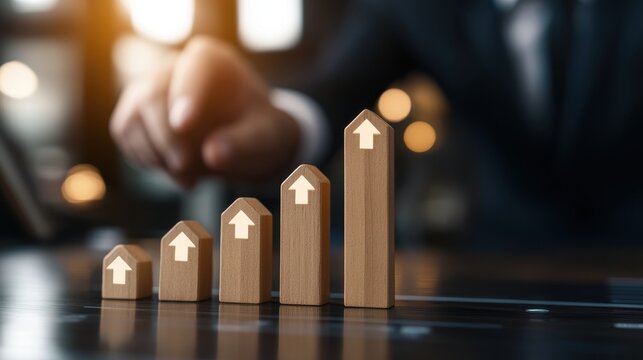 A suited individual points at stacked wooden blocks shaped like houses with upward arrows, representing growth.