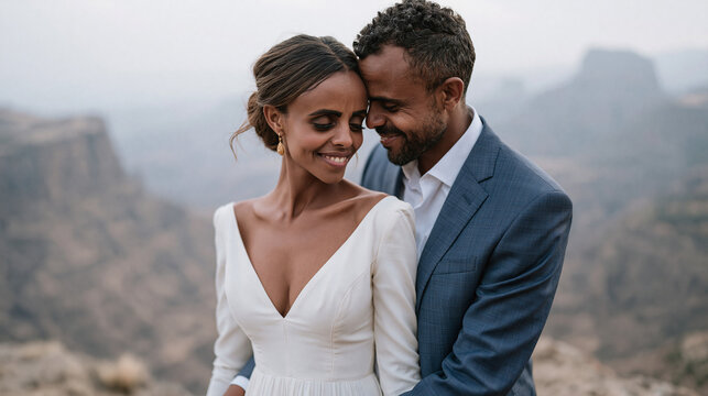 Ethiopian bride in a fitted white gown stands before a fog-covered mountain valley for an elopement portrait session, her partner holding her close, overcast sky lending a