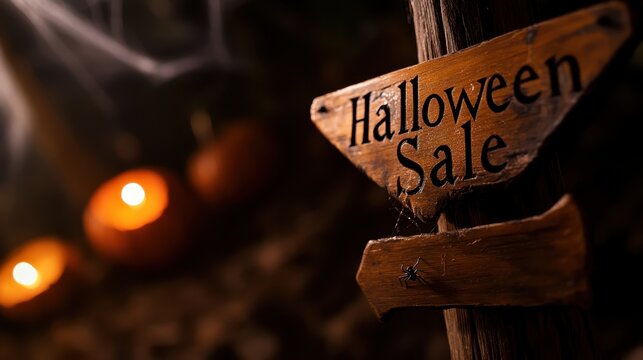A wooden "Halloween Sale" sign on a post is surrounded by pumpkins and a glowing candle in a dark, eerie setting, with a small spider on the sign.
