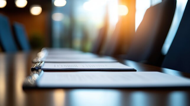 A row of clipboards on a polished conference table is set against a backdrop of blurred natural light and office chairs.