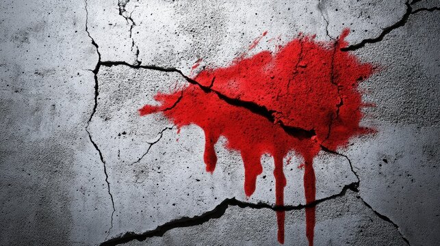 A textured gray concrete surface features a red paint splatter resembling dripping blood.