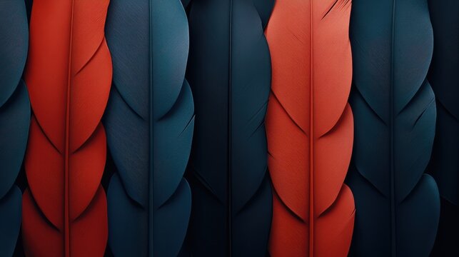 A close-up of vertically arranged overlapping feathers in deep blue and vibrant red, showcasing intricate textures and shadows.