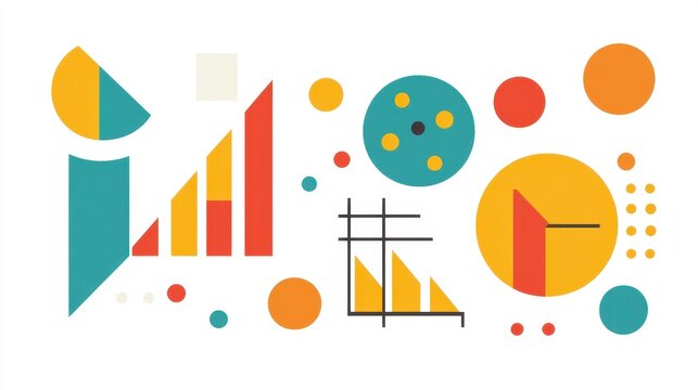 Colorful abstract geometric shapes, including circles, triangles, bars, and grids in teal, orange, yellow, and red, are arranged on a white background.