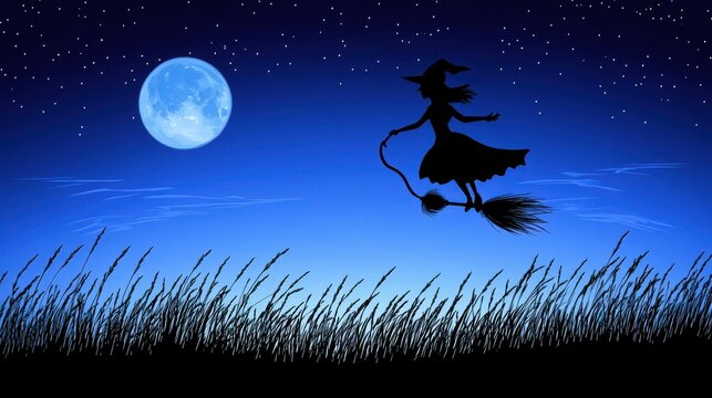 A witch silhouette on a broomstick soars over tall grass beneath a starry night sky and a glowing full moon.