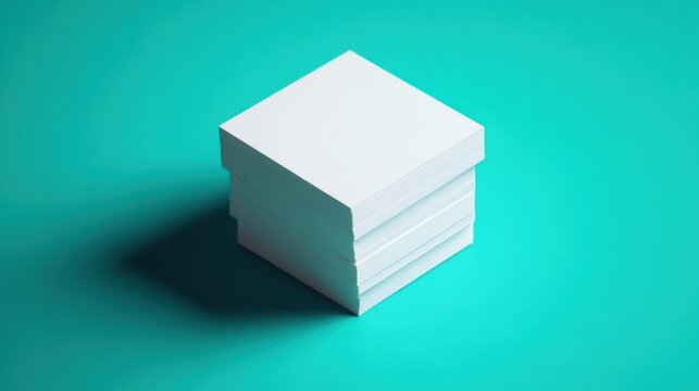 A thick stack of blank square white paper sheets rests on a bright turquoise surface, creating a soft left shadow.