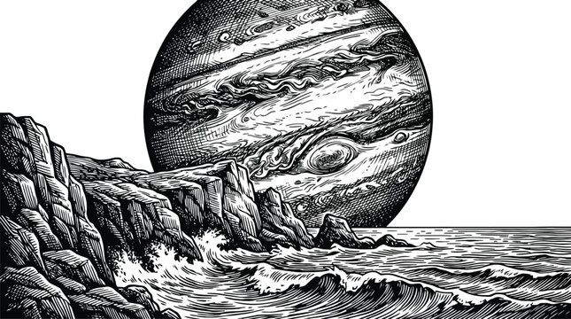 Ocean fish wave surreal vector with water sphere and monochrome engraving style.
