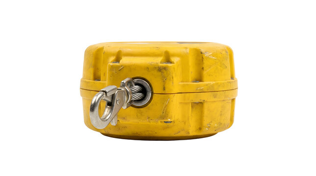 Yellow industrial safety device with metal hook on white background.