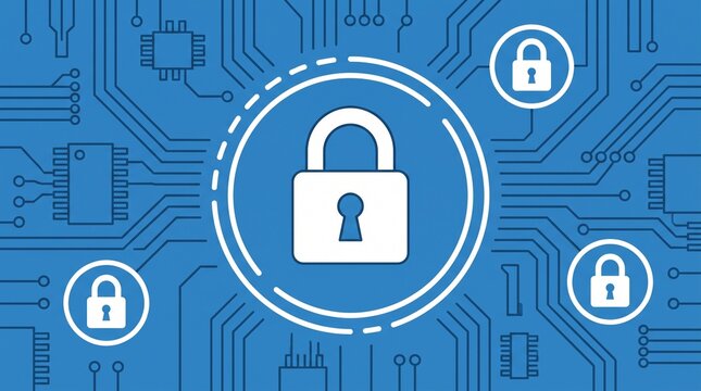 A large white padlock inside a dashed circle on a blue circuit board background with smaller padlocks, representing digital security, protection, and technology in a minimalist flat design s