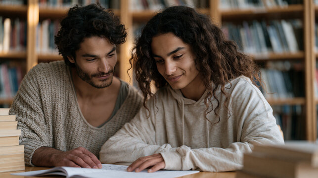 Roma youth mentorship program coordinator crouches to eye level with a teenage boy working through a math problem at a library table, books stacked high, afternoon light across