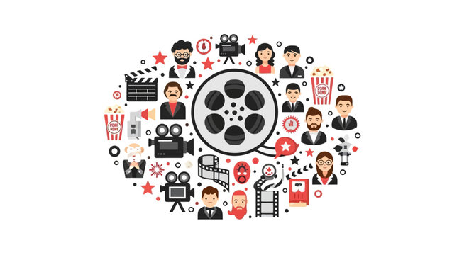 Movie Production and Cinema Concept Flat Vector Illustration with Film Reel, Cameras, Popcorn, and Character Avatars