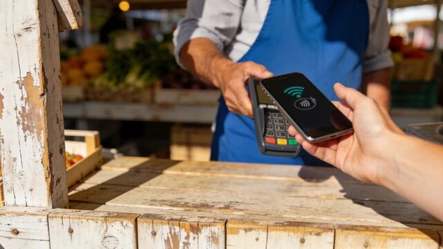 Extending vendor in blue apron steadying card reader at market stall, buyer bringing phone to pay