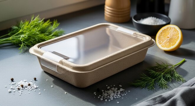 Empty biodegradable food container on kitchen counter with lemon and dill