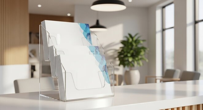 Empty clear acrylic brochure stand on a modern office reception desk