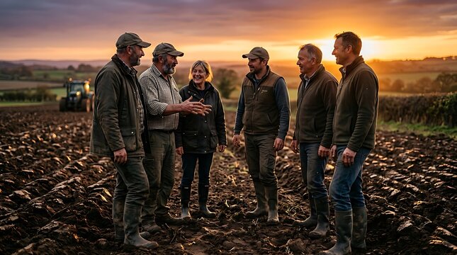 Farmers discussing work in a plowed field during golden hour