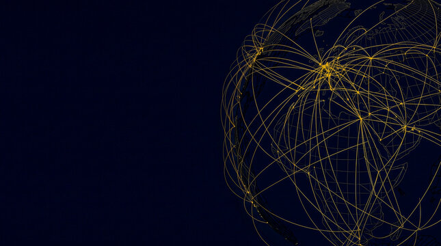 Dark globe gold transaction arcs right dissolving midnight navy left copy zone, global DeFi