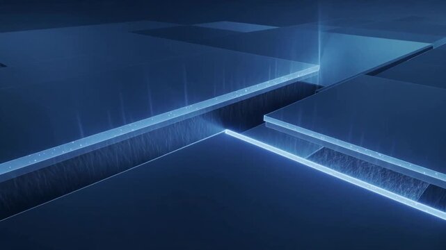 Lifting glossy panels shifting to reveal glowing seams in CGI space after one tile rising
