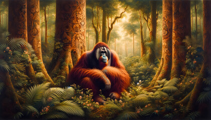 Obraz premium Bornean Orangutan in Ancient Rainforest. 