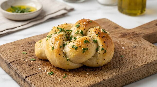 Homemade garlic bread knot served on rustic wooden cutting board.
