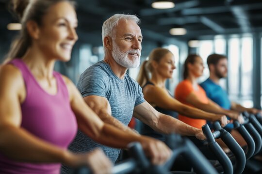 old aged happy senior couple doing sports in a gymnastics studio