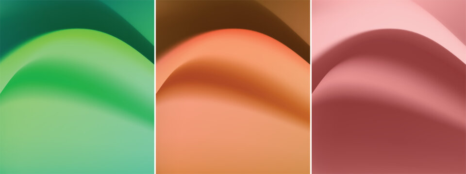 Set of three abstract backgrounds featuring smooth, flowing liquid waves in vibrant green, warm earth-tone orange, and soft red gradient colors.