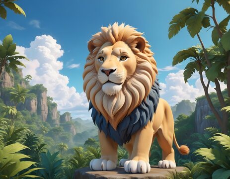 Un mignon lion de dessin anim&eacute; &agrave; la crini&egrave;re dor&eacute;e se tient dans un paysage de jungle avec un ciel bleu, des nuages ​​et des cascades en arri&egrave;re-plan, dans un style cartoon 3D