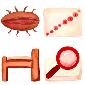 Four watercolor illustrations depicting a bed bug a line of red bites a bed frame and a magnifying glass on a mattress