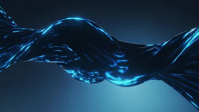 Entering from opposite sides two blue ribbons twisting trailing tails forming band on cyan backdrop