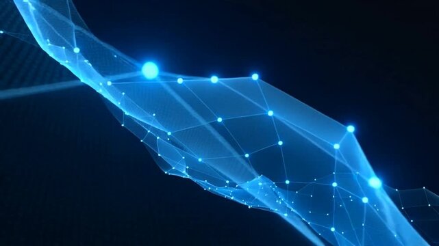 Moving camera revealing translucent blue mesh grid rippling in dark void, showing pulsing nodes